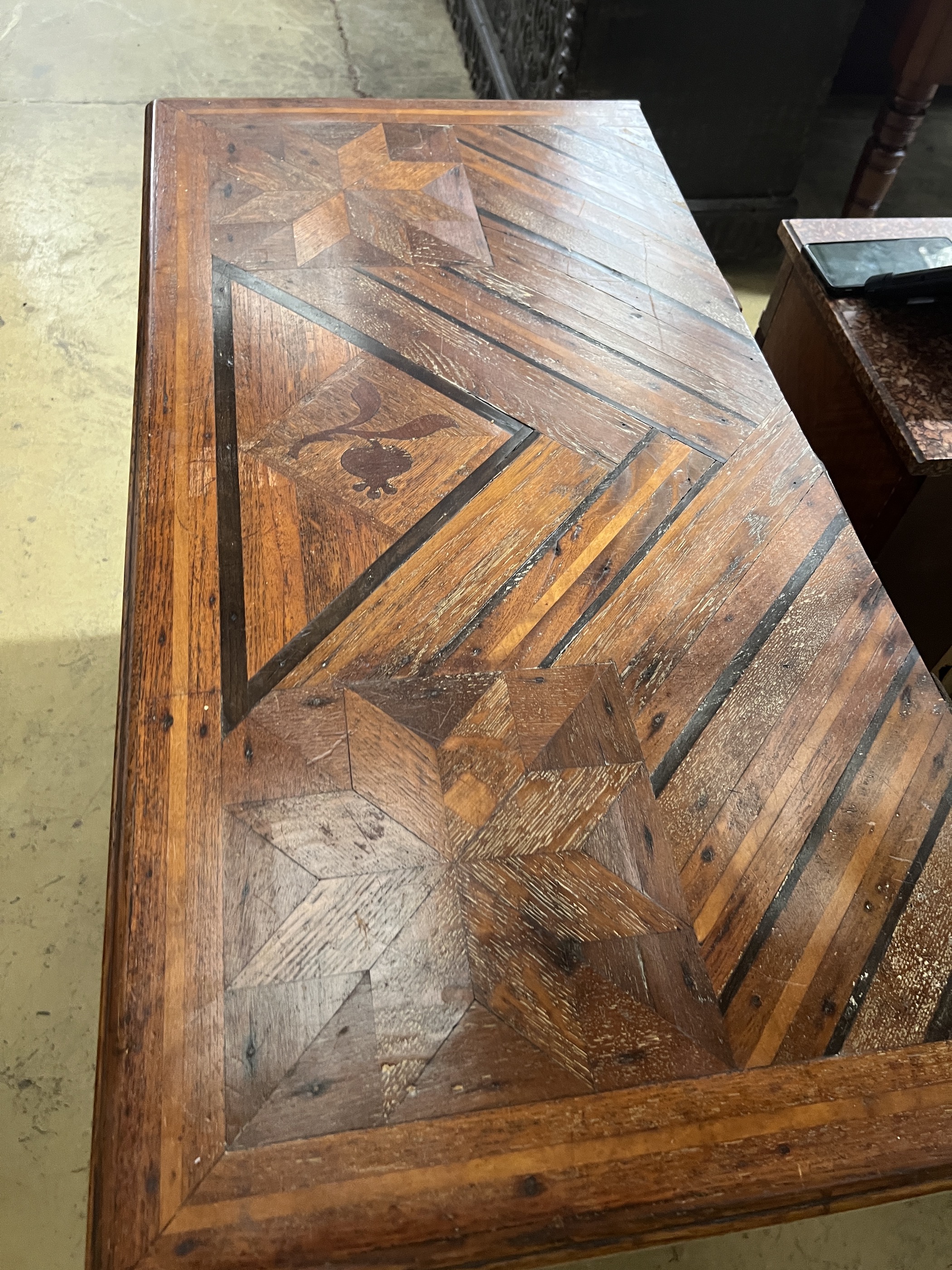 A 19th century Continental parquetry inlaid two door side cabinet, width 104cm, depth 52cm, height 85cm